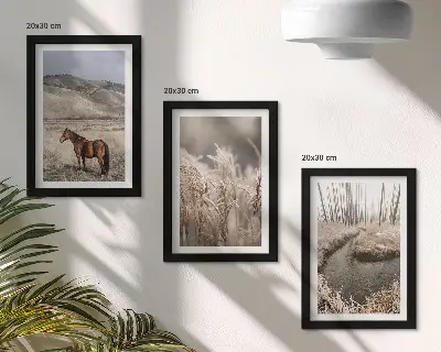 Set 3 tablouri cu cai într-un peisaj de ierburi și un pârâu de iarnă