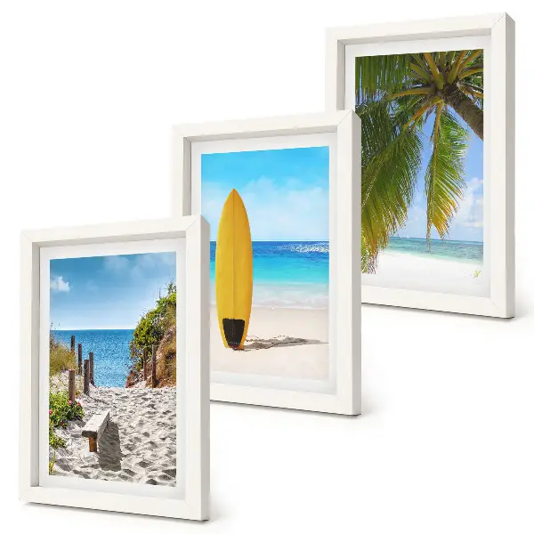 Set de 3 tablouri cu vederi de vacanță ale plajei, valurilor și palmierilor din tropice