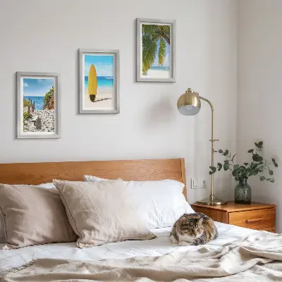 Set de 3 tablouri cu vederi de vacanță ale plajei, valurilor și palmierilor din tropice