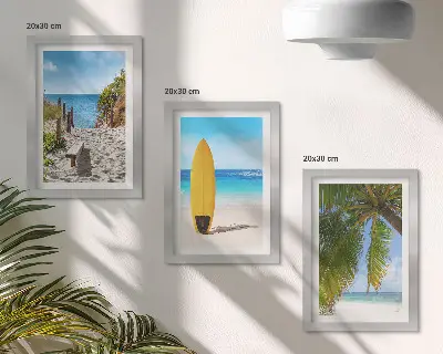 Set de 3 tablouri cu vederi de vacanță ale plajei, valurilor și palmierilor din tropice