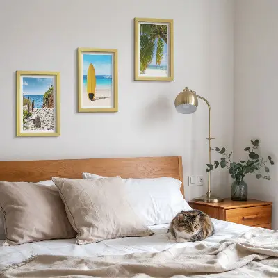 Set de 3 tablouri cu vederi de vacanță ale plajei, valurilor și palmierilor din tropice