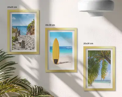 Set de 3 tablouri cu vederi de vacanță ale plajei, valurilor și palmierilor din tropice