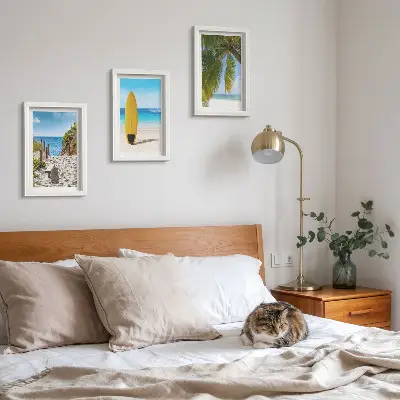Set de 3 tablouri cu vederi de vacanță ale plajei, valurilor și palmierilor din tropice