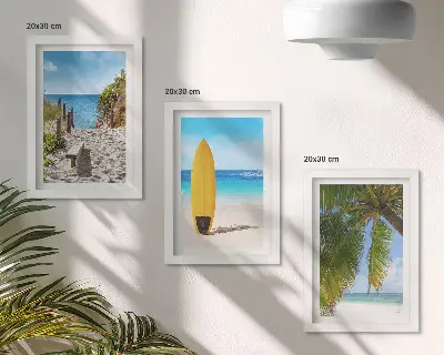 Set de 3 tablouri cu vederi de vacanță ale plajei, valurilor și palmierilor din tropice
