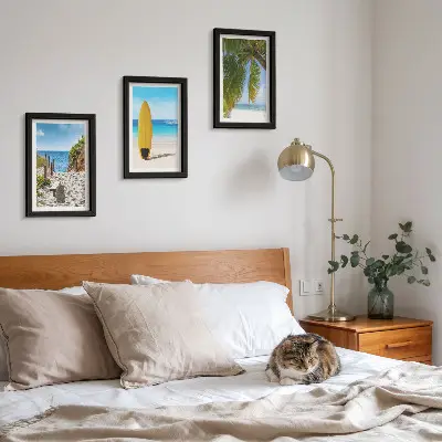 Set de 3 tablouri cu vederi de vacanță ale plajei, valurilor și palmierilor din tropice
