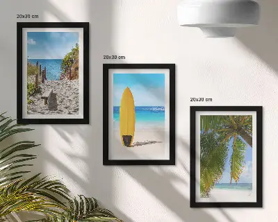 Set de 3 tablouri cu vederi de vacanță ale plajei, valurilor și palmierilor din tropice