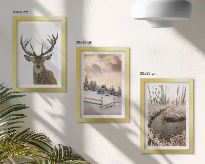 Galerie de perete peisaj de iarnă cu o colibă, cerbi și un pârâu