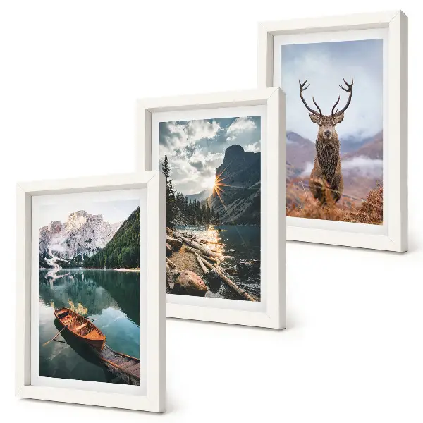 Set 3 tablouri cu peisaj lac de munte cu barcă la apus de soare și cerb în natură