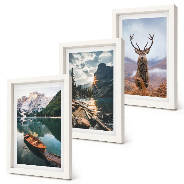Set 3 tablouri Lac de munte cu barcă la apus de soare, cerb în natură