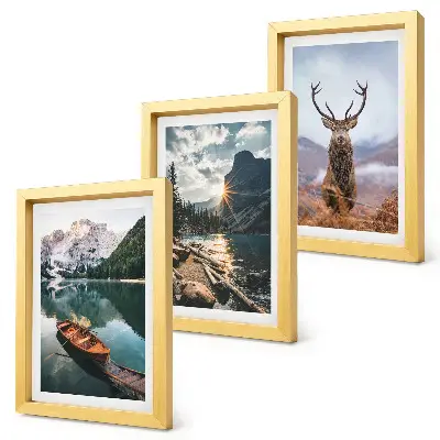 Set 3 tablouri cu peisaj lac de munte cu barcă la apus de soare și cerb în natură