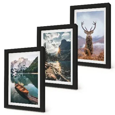Set 3 tablouri cu peisaj lac de munte cu barcă la apus de soare și cerb în natură
