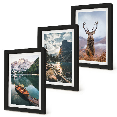 Set 3 tablouri Lac de munte cu barcă la apus de soare, cerb în natură