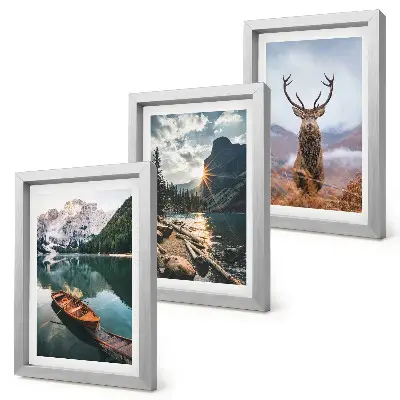 Set 3 tablouri cu peisaj lac de munte cu barcă la apus de soare și cerb în natură