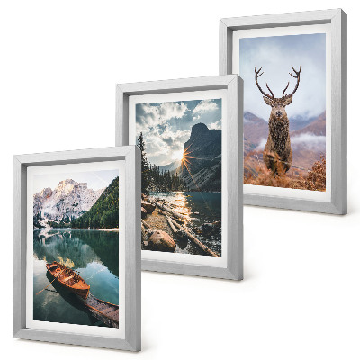 Set 3 tablouri Lac de munte cu barcă la apus de soare, cerb în natură