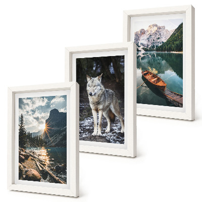 Set 3 tablouri Munți, lacuri și un lup într-un cadru natural