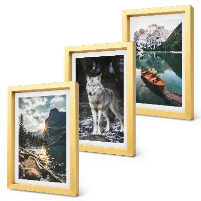 Set 3 tablouri cu peisaj montan, lac și lup în cadru natural