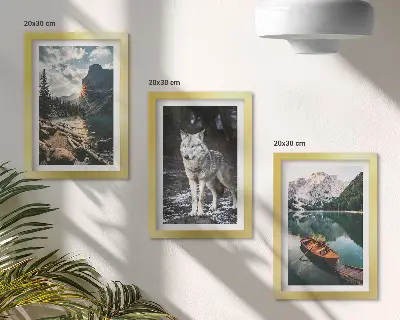 Set 3 tablouri cu peisaj montan, lac și lup în cadru natural