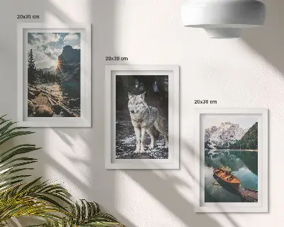 Set 3 tablouri cu peisaj montan, lac și lup în cadru natural