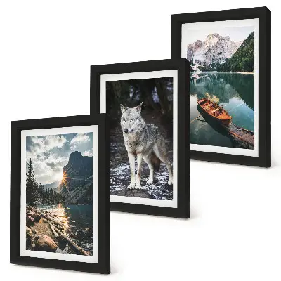 Set 3 tablouri cu peisaj montan, lac și lup în cadru natural