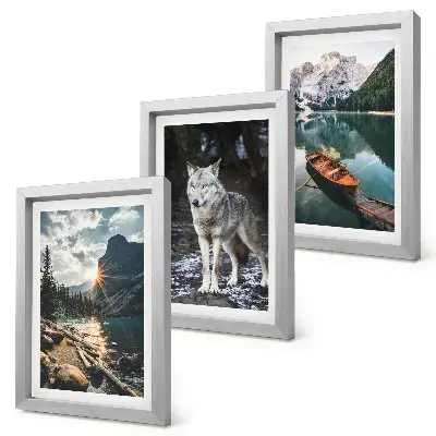 Set 3 tablouri cu peisaj montan, lac și lup în cadru natural