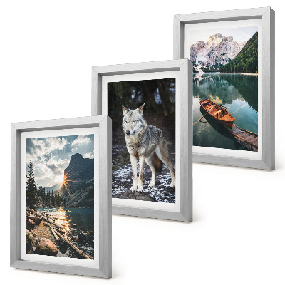 Set 3 tablouri Munți, lacuri și un lup într-un cadru natural