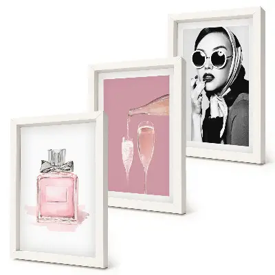 Set de 3 tablouri cu accesorii feminine elegante în nuanțe de roz
