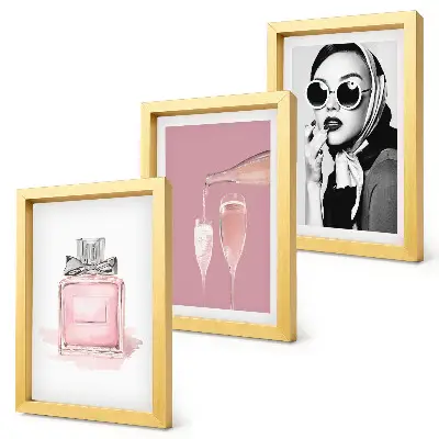 Set de 3 tablouri cu accesorii feminine elegante în nuanțe de roz