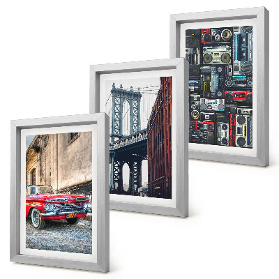 Set 3 tablouri O mașină veche pe stradă lângă Podul Brooklyn și echipamente audio retro