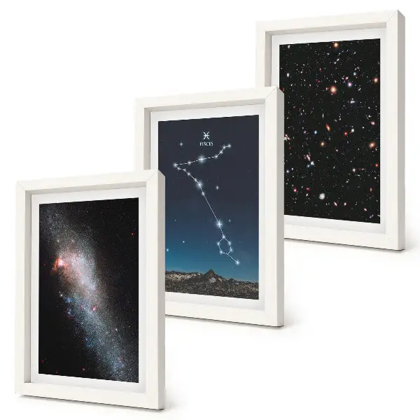 Set de 3 tablouri cu peisaje spațiale, constelația Pești și galaxii