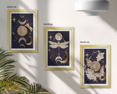 Set 3 tablouri Motive naturale cu luna, spațiul și florile