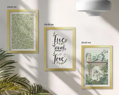 Set 3 tablouri cu frunze verzi, inscripții și plante exotice în arhitectură