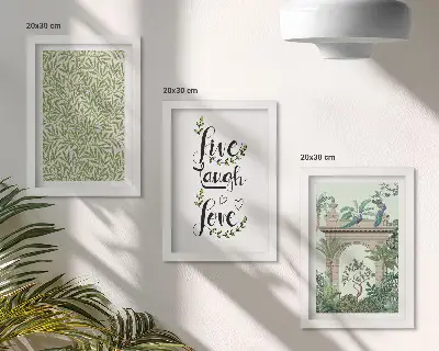 Set 3 tablouri cu frunze verzi, inscripții și plante exotice în arhitectură