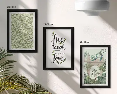 Set 3 tablouri cu frunze verzi, inscripții și plante exotice în arhitectură