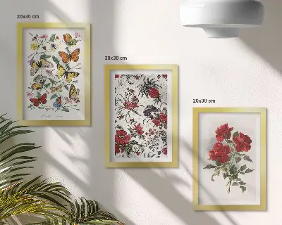 Galerie de perete cu fluturi, flori și trandafiri roșii în stil clasic