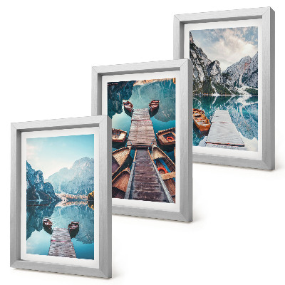 Set 3 tablouri Un lac liniștit cu debarcadere din lemn și bărci