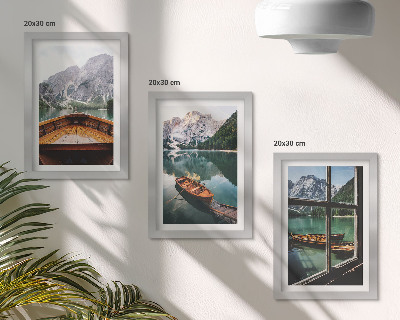 Set 3 tablouri Vedere a unui lac de munte cu bărci și o fereastră în fundal