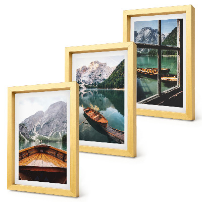 Set 3 tablouri Vedere a unui lac de munte cu bărci și o fereastră în fundal