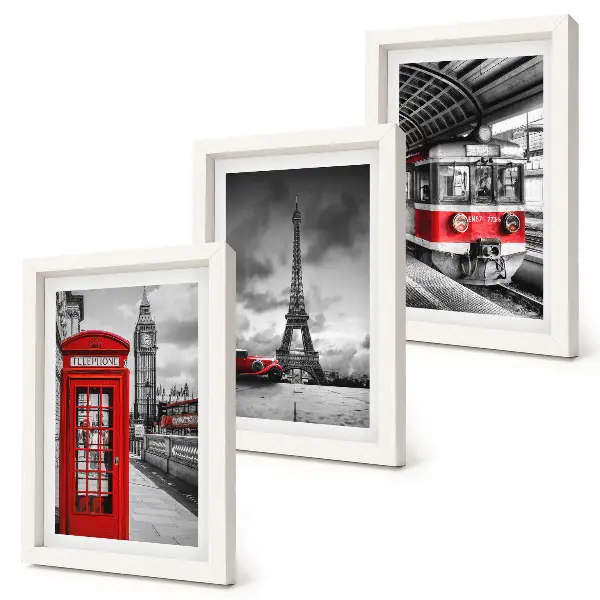 Galerie de perete cu orașe emblematice precum Londra și Paris și transport feroviar