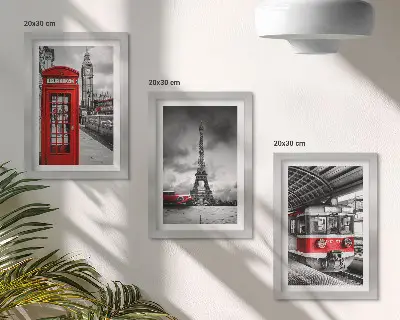 Galerie de perete cu orașe emblematice precum Londra și Paris și transport feroviar