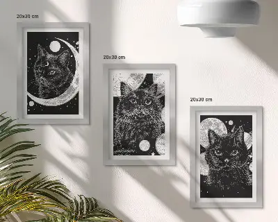 Set 3 tablouri cu pisici negre pe fundalul lunii și al planetelor din spațiu
