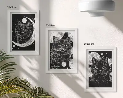 Set 3 tablouri cu pisici negre pe fundalul lunii și al planetelor din spațiu