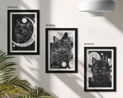 Set 3 tablouri cu pisici negre pe fundalul lunii și al planetelor din spațiu