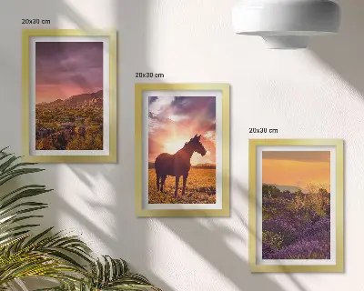 Galerie de perete cu peisaje montane, cai și câmpuri de lavandă