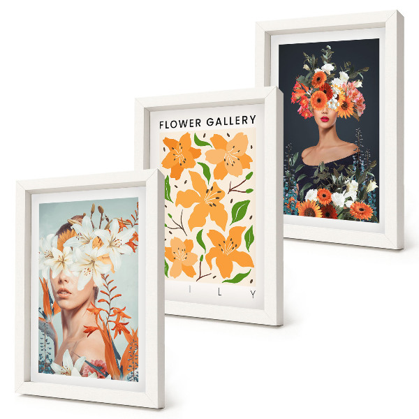 Set 3 tablouri Portrete florale cu buchete și frunze colorate
