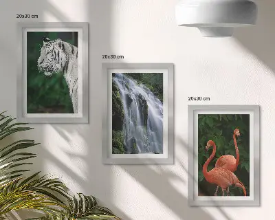 Set de 3 tablouri Cascada Tiger și flamingi roz în natură set de 3 tablouri cu peisaj de cascadă și flamingi roz