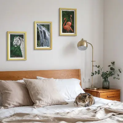 Set de 3 tablouri Cascada Tiger și flamingi roz în natură set de 3 tablouri cu peisaj de cascadă și flamingi roz