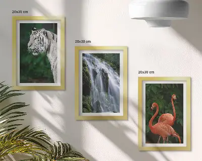 Set de 3 tablouri Cascada Tiger și flamingi roz în natură set de 3 tablouri cu peisaj de cascadă și flamingi roz