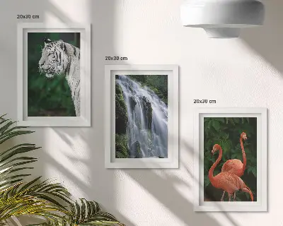 Set de 3 tablouri Cascada Tiger și flamingi roz în natură set de 3 tablouri cu peisaj de cascadă și flamingi roz