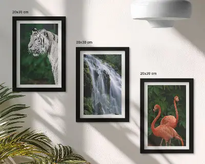 Set de 3 tablouri Cascada Tiger și flamingi roz în natură set de 3 tablouri cu peisaj de cascadă și flamingi roz