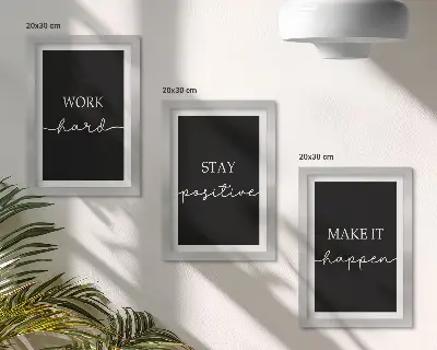 Set de 3 tablouri cu sloganuri motivaționale elegante pe fundal negru